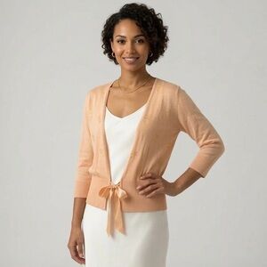 Apostrophe Peach Satin-Tie Open Front Cardigan